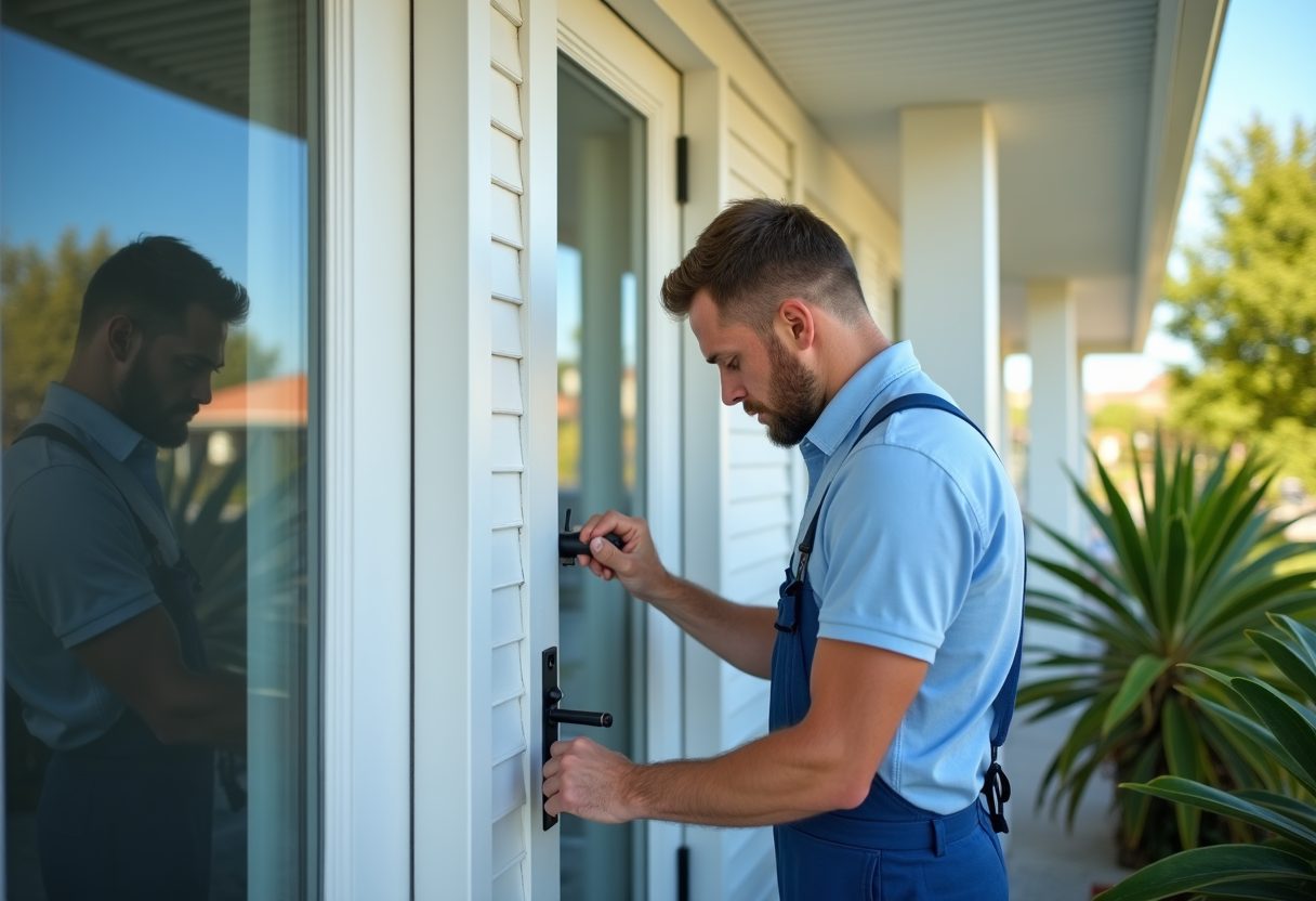Locksmith fitting a new lock to a coastal cottage door — Greenwich